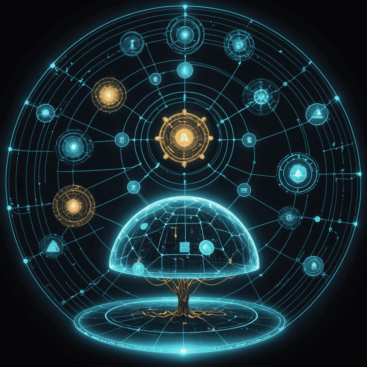 Futuristic visualization of AI-driven passive income streams, showing holographic projections of various income sources connected to a central AI core